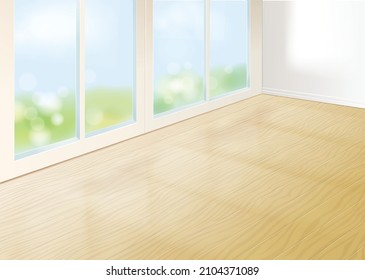 Empty room with big window and wooden floor. Vector realistic illustration of the interior. Architectural background.