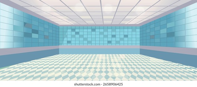 Leeres Zimmer mit blauen Fliesen
. Perspektive der Klinikinnenhalle. Cartoon, Vektorgrafik