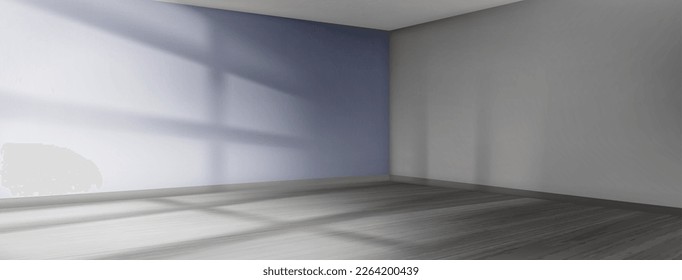 Leeres Zimmer mit blauer Wand und goldenem Licht durch Fenster. Minimaler Eckhintergrund mit realistischem Schatten. 3D-Renderperspektive mit Innensonde verführen. Einfache Vorlage für den Showroom.