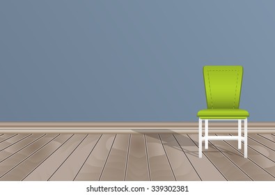 Empty room, blue wall, wooden floor and chair. Vector illustration.