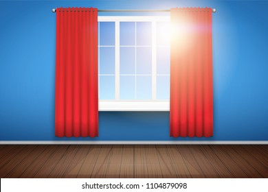 Empty room with Blue walls and window. Simple interior without furnish and furniture. Curtains are unfolded. Sunlight falls through the curtains. Vector.