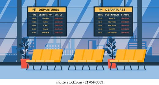 Empty Room, Cancelled Flight At Airport Terminal, Vector, Illustration
