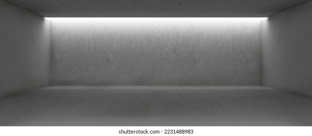 Leeres Zimmer mit Zementboden, Wänden und Deckenleuchten. Modernes Galerieinnenraum mit grauem Beton, Studioaufnahme, Vektorgrafik