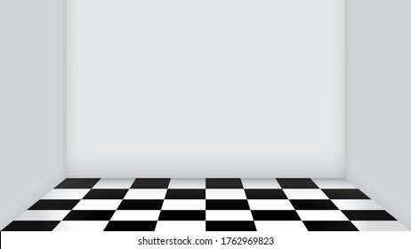 Empty room with checkerboard floor tile. Blank white walls without windows and furniture. Vector illustration of interior design. Minimal style.