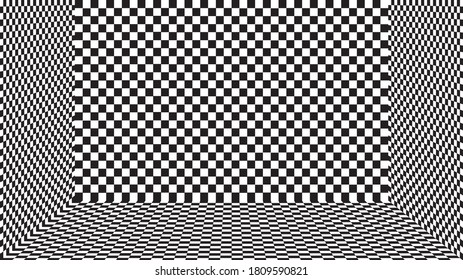 Empty room with checkered pattern on walls and floor. 3d vector illustration of black and white squares. Checkerboard graphic. Wallpaper consist of repeatable texture. Interior design. Minimal style.