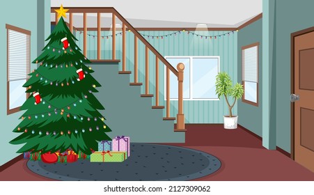 Empty room with Christmas tree and presents illustration
