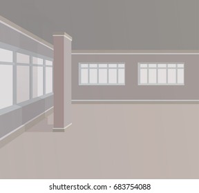 Empty room with columns and large windows. Vector interior illustration.