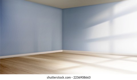 Esquina de habitación vacía con luz y sombras desde la ventana en paredes azules y suelo de madera. Montaje interior de sala, estudio, apartamento u oficina, ilustración vectorial realista en perspectiva