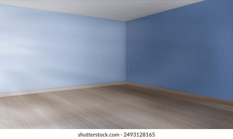 Rincón vacío con luz solar. Ilustración realista de Vector de la perspectiva interior de la casa con la pared pintada de azul, piso de madera natural y zócalo, techo blanco, maqueta de oficina o departamento 3D