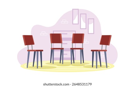 Quarto vazio, corredor, corredor com quatro cadeiras e um fundo colorido interior na parede. Ilustração colorida de vetor plano