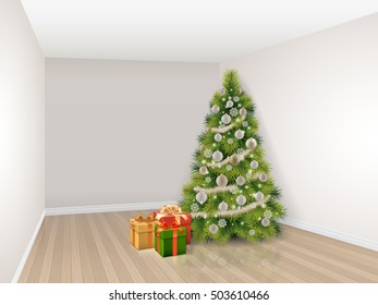 Empty room with decorated christmas tree and colorful gift boxes.