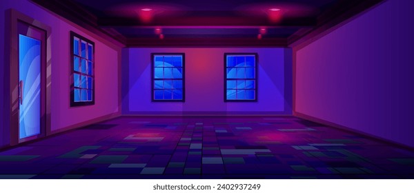 Empty room with door and windows at night. Cartoon vector illustration of blank chamber interior with decorative floor and red light lamps on ceiling. Dark house or office indoor place with spotlight.