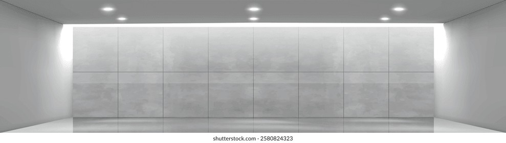 An empty room features a sleek concrete wall design and cement floor, with light from a ceiling opening in the back wall. This creates an industrial-style backdrop, perfect for 3D illustrations