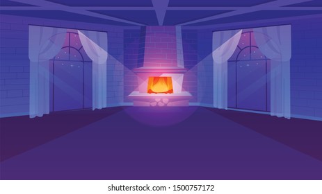 Empty room with fireplace flat vector illustration. Retro style panoramic windows with lightweight curtains. Stylized brick walls. Luxury estate design in violet shades. Night time apartment view