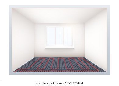 Empty room with heating floor and window. Simple interior without furnish and furniture. Floor heating system. Ways of installing pipes under cover. Vector Illustration
