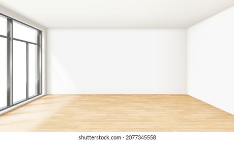 Empty Room House Interior After Renovation Vector. Light Empty Room With Wooden Parquet Floor, Window And White Wall With Ceiling. Indoor Luxury Design Template Realistic 3d Illustration