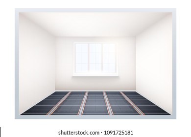 Empty room with infrared heating floor and window. Simple interior without furnish and furniture. Floor heating system. Ways of installing films under cover. Vector Illustration