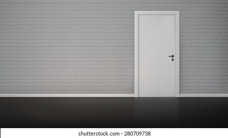 Empty room interior with brick wall and closed white door realistic vector illustration