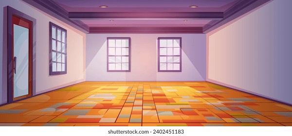 Empty room interior design. Vector cartoon illustration of spacious premises with daylight in glass windows, closed door, wooden floor decorated with abstract pattern, lamp on ceiling, roomy apartment