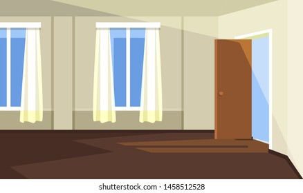 Empty room interior flat illustration. Windows with curtains and chimney drawing. Modern living room minimalistic cartoon design. Beige walls and brown wooden floor. Luxury apartment bedroom