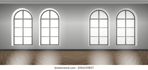 interior de la habitación vacía con cuatro ventanas de arco suelo de parquet de madera maqueta de Ilustración vectorial