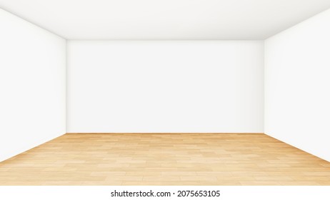 Empty Room Interior For Gallery Exhibition Vector. Showroom Interior With Wooden Parquet Flooring, White Paint Blank Walls And Ceiling. Creative Design Template Realistic 3d Illustration