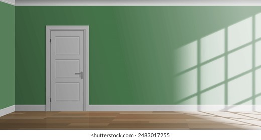 empty  room interior green color wall with closed entrance  door wooden floor window light vector illustration