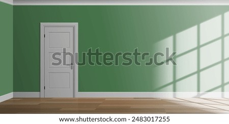 empty  room interior green color wall with closed entrance  door wooden floor window light vector illustration