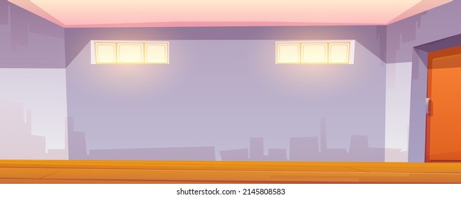 Empty Room Interior, Home Garage, Storage Or Basement. Vector Cartoon Illustration Of Blank Workshop Or Storeroom With Closed Door, Wooden Floor And Small Windows