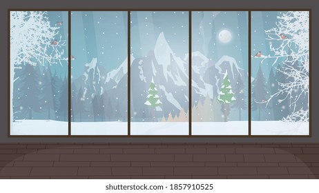 Empty room with a large panoramic window. Winter outside the window. Vector.