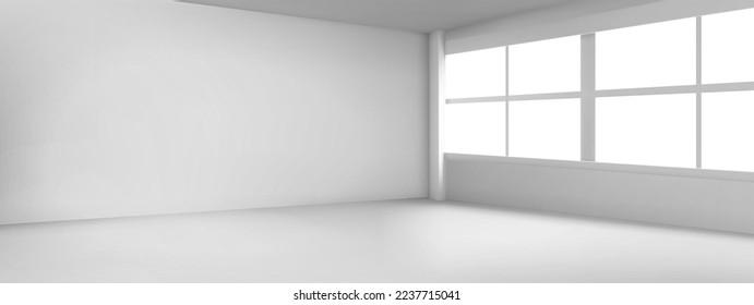 Empty room with large windows. Modern building interior with white walls, floor, ceiling and glass windows. Living room, office or studio corner, vector realistic illustration in perspective view