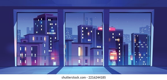 Empty room, night office interior with city view in wide floor-to-ceiling windows. Open space coworking area, art studio workplace place, boardroom for business cooperation Cartoon vector illustration