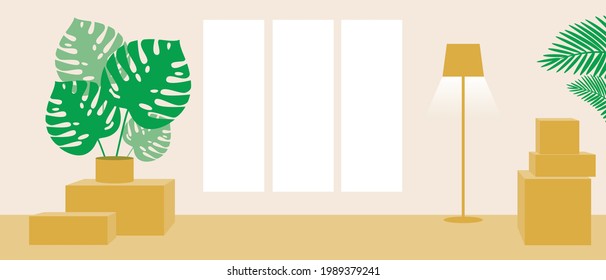Empty room, no people. Flat vector stock illustration. Template or backdrop for overlay, design. Boxes of property, goods and nobody. Property with window, lamp. Vector graphics