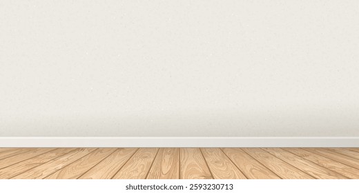Empty room with old white cement wall and whitewashed wooden floor  graphic illustration.