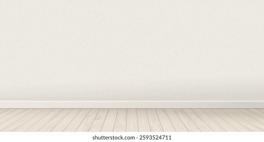 Empty room with old white cement wall and whitewashed wooden floor fade condition graphic illustration.