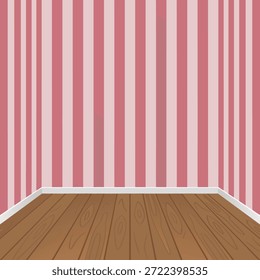 An empty room with a pink and white striped wallpaper and a wooden floor.