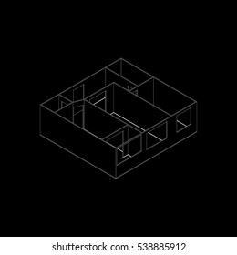 Empty room plan.Isolated on black background.Vector outline illustration.Isometric view.