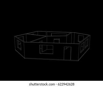 Empty room plan.Isolated on black background.Vector outline illustration.