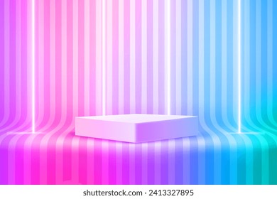 Empty room with podium and neon lamps and stripes on the floor. 3d style vector illustration 