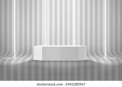 Empty room with podium and neon lamps and stripes on the floor. 3d style vector illustration 