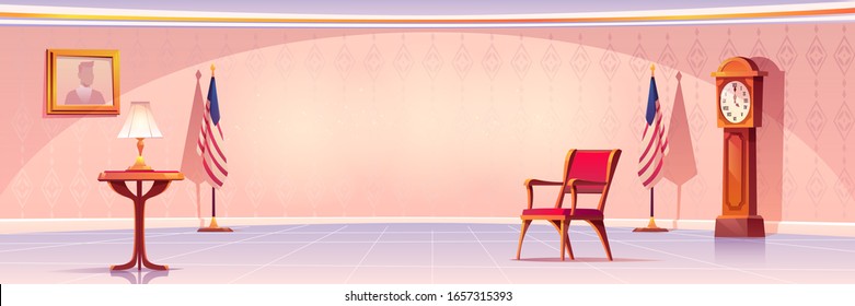 Empty room for president or government statesman with lamp stand on wooden table, grandfather clock, United States flags, armchair, photo hanging on wall and tiled floor. Cartoon vector illustration