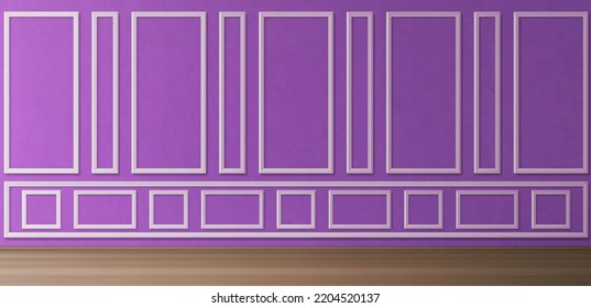 Empty room with purple panels on wall and wooden floor. Vector realistic 3d illustration of house interior in vintage victorian style with white molding frames on wall