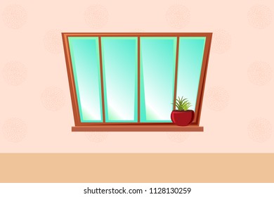 Empty room. Scene with a window and a plant. Cartoon. Background for game design.