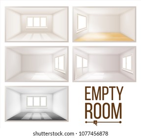 Empty Room Set Vector. Clean, White, Empty Wall. Plastic Window. House Interior Background. Dimensional Space. Living room. 3d Realistic Illustration