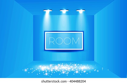 Empty Room with Shining Spotlights & Frame on the Wall. Exhibition Design. Vector illustration