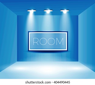 Empty Room with Shining Spotlights & Frame on the Wall. Exhibition Design. Vector illustration