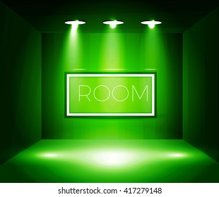 Empty Room with Shining Spotlights & Frame on the Wall. Exhibition Design. Vector illustration