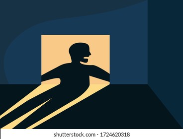 Empty Room With Sinister Shadow Flat Color Vector Illustration. Abandoned Apartment 2D Cartoon Interior With Evil Silhouette On Background. Isolation, Loneliness And Solitude Concept