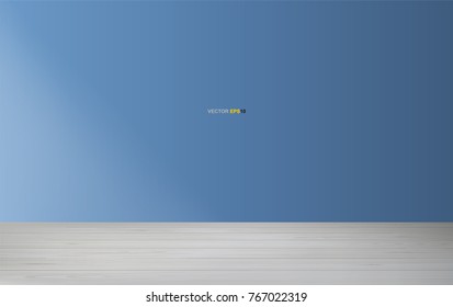 Empty room space background with blue wall and wooden floor. Vector illustration.
