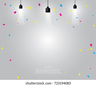 Empty Room Studio With Colorful Confetti And Pendant Lamp. Celebration & Party Background. Vector Illustration